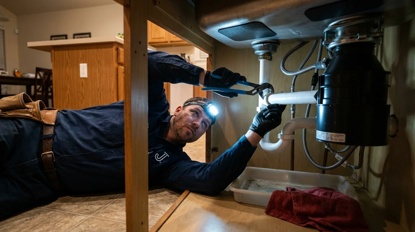 P-trap and supply line connections under a kitchen sink showing a common leak point in Davenport, FL